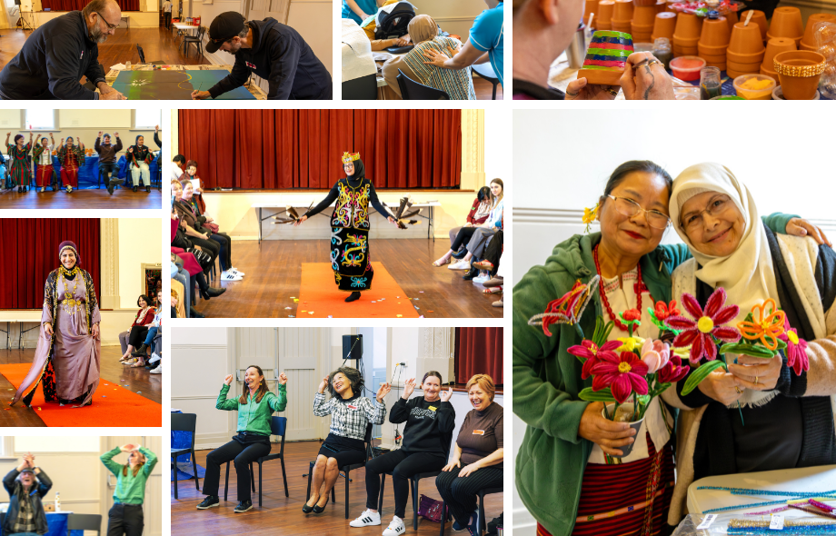 Collage of activities from River’s first birthday party at Rise, featuring cultural performances, arts and crafts, and community celebrations.